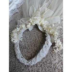 Bridal Headpiece Veil‎ two layers Floral Pearl Wedding Headband 38" long
